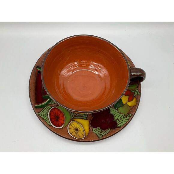 Red-ware Vintage Handled Bowl / Pot & Plate Folk-art Fruit Pattern - Picture 6 of 6